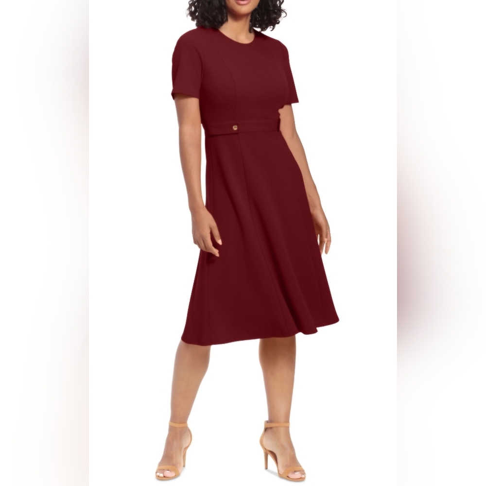 Puff-Sleeve Tab-Detail Fit & Flare Dress- Plum
